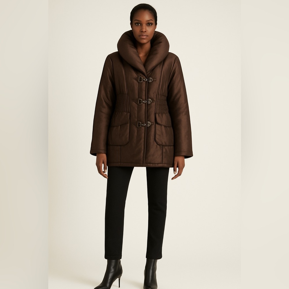 Metallic Brown Cinched Waist Puffer High Collar Coat M